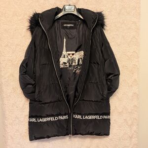 Karl Lagerfeld Black Puffer Coat with Fur Trim